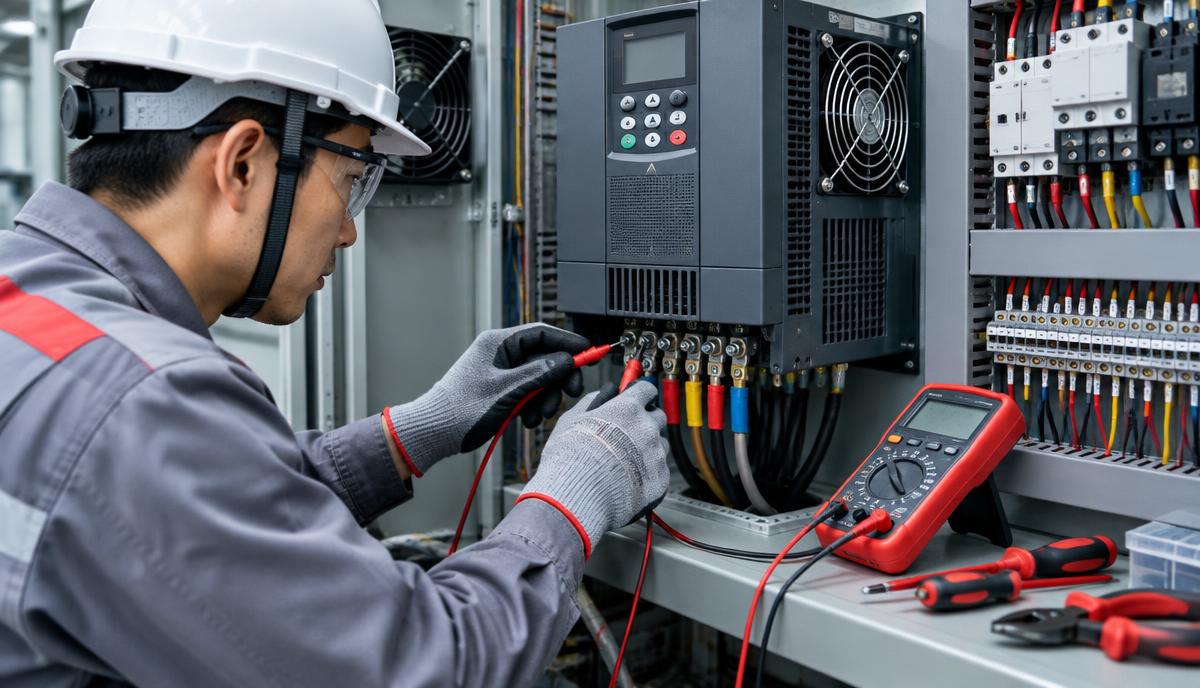 Engineer inspecting and maintaining a variable frequency drive in an industrial control panel