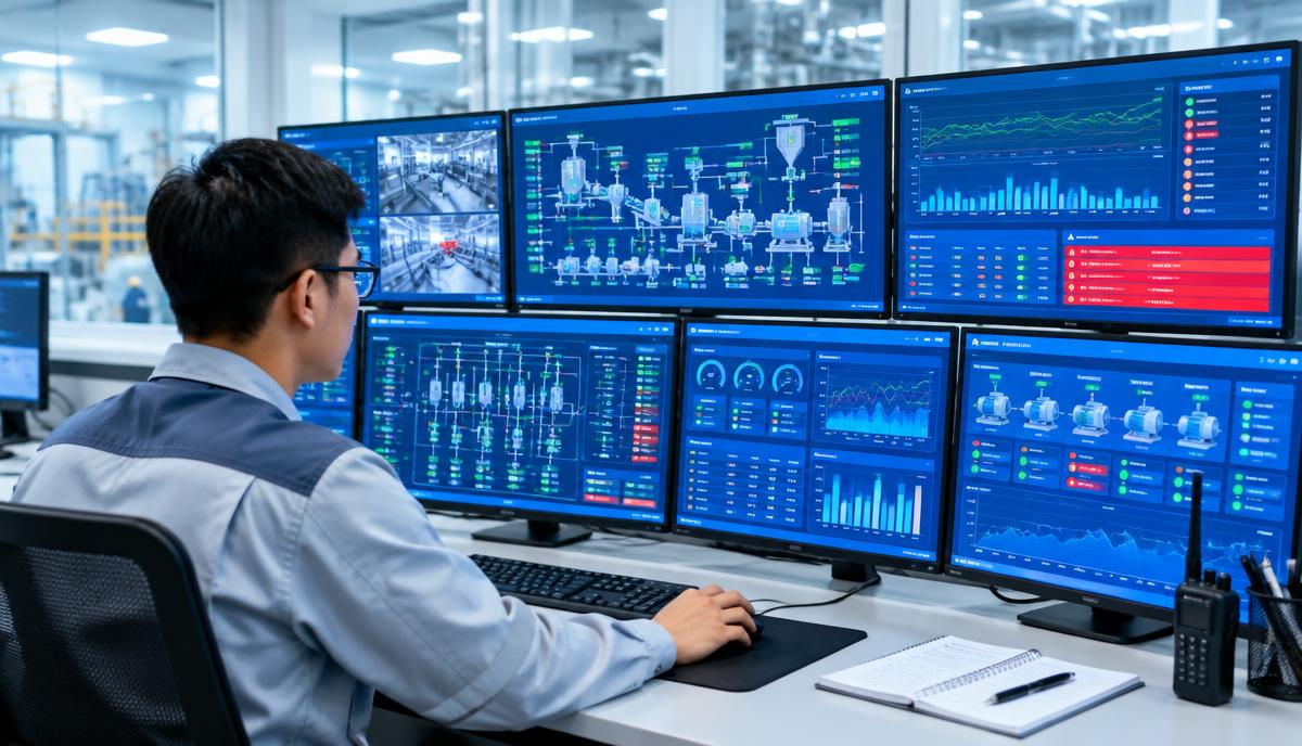 Engineer operating SCADA software to monitor a factory production line