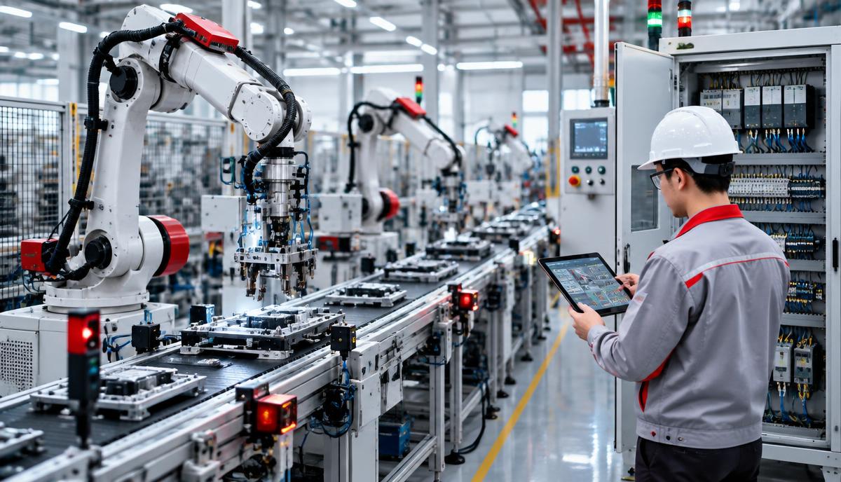 Engineer inspecting an integrated automation system production line